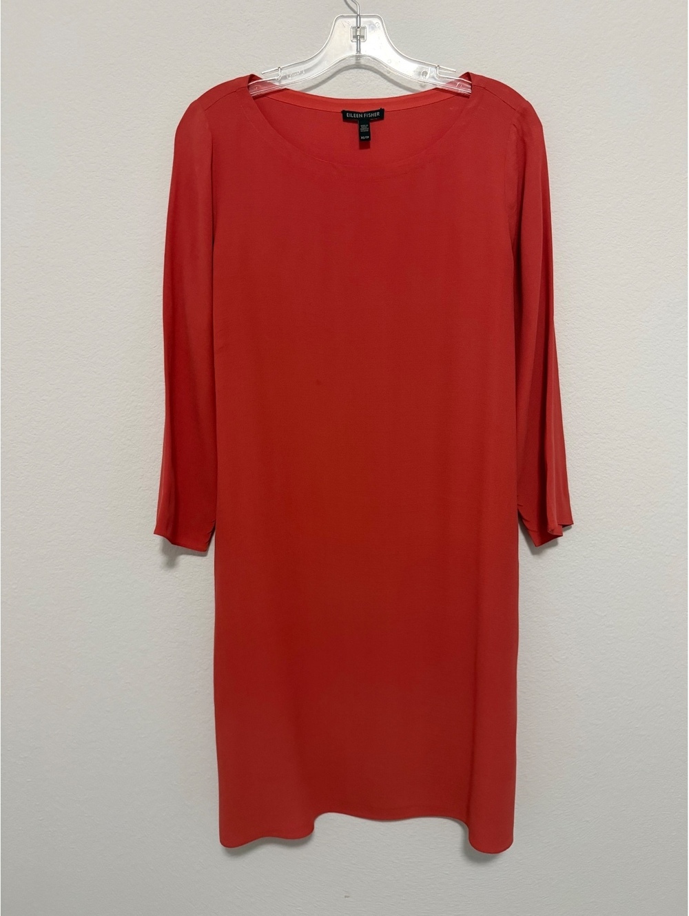 Eileen Fisher 100% Silk Coral Orange 3/4 Sleeve Round Neck Shift Dress Size XS